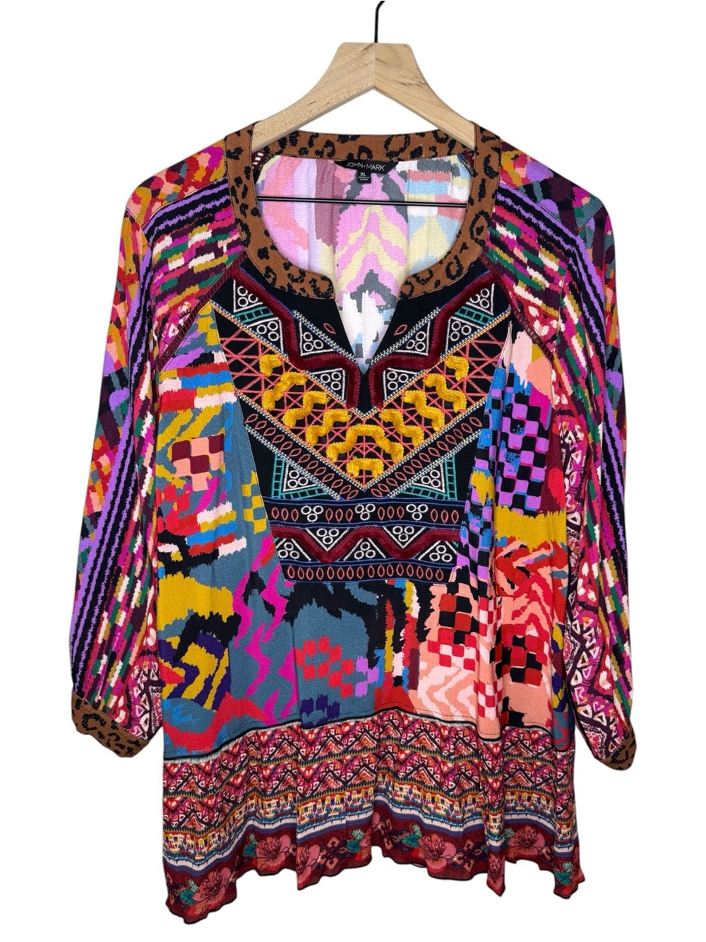 John Mark Boho Multicolor V-Neck Tunic Top with Geometric and Animal Accents